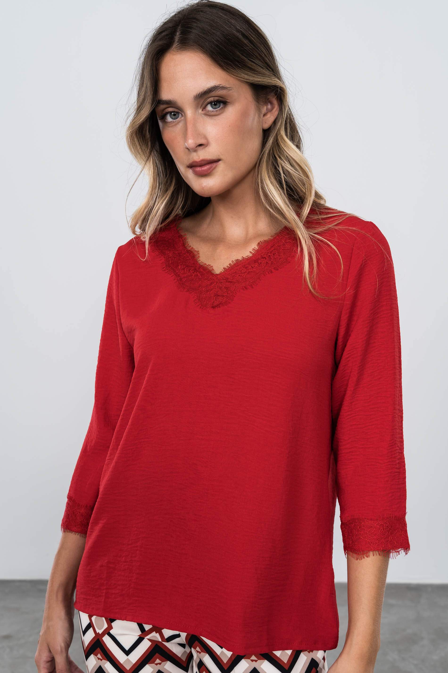 BLUSA ENCAJE MANGA FRANCESA ROJO